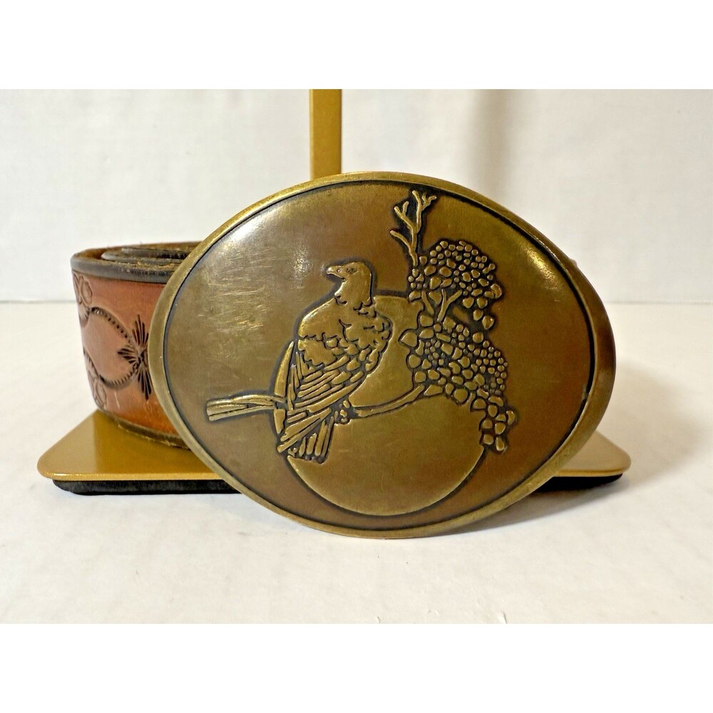 Vintage Brass Eagle Belt Buckle & Leather Belt 43" Sun Moon Western Unisex